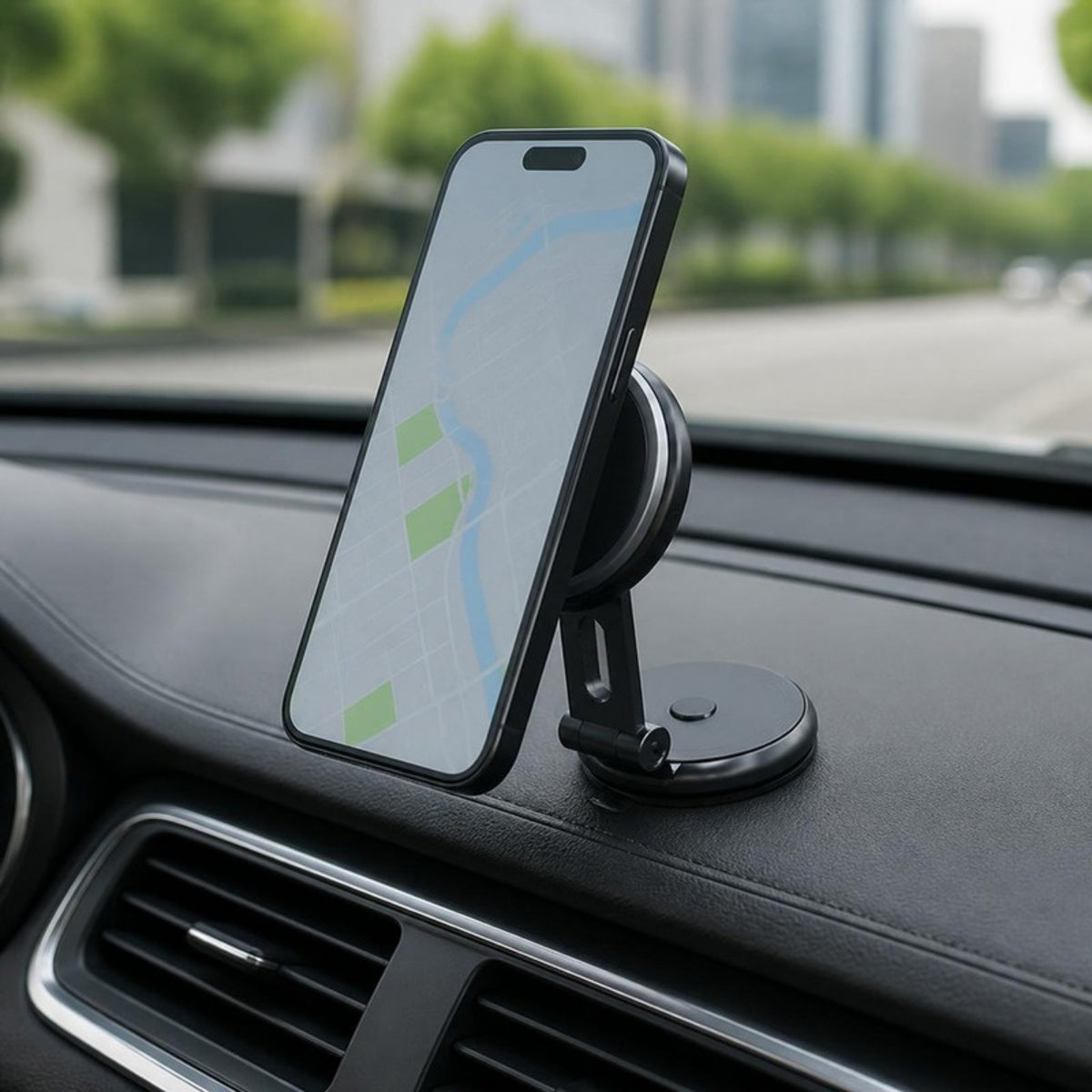 Magnetic car charger mount holding a phone with a map on a car dashboard