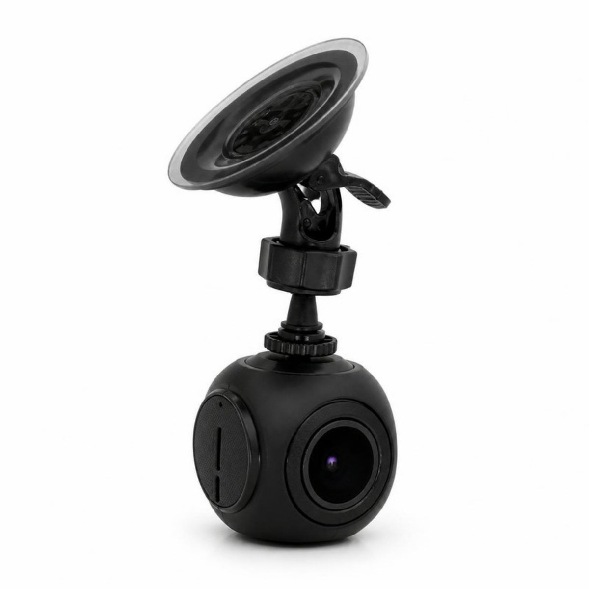 Black mini dash cam with suction-cup windshield mount