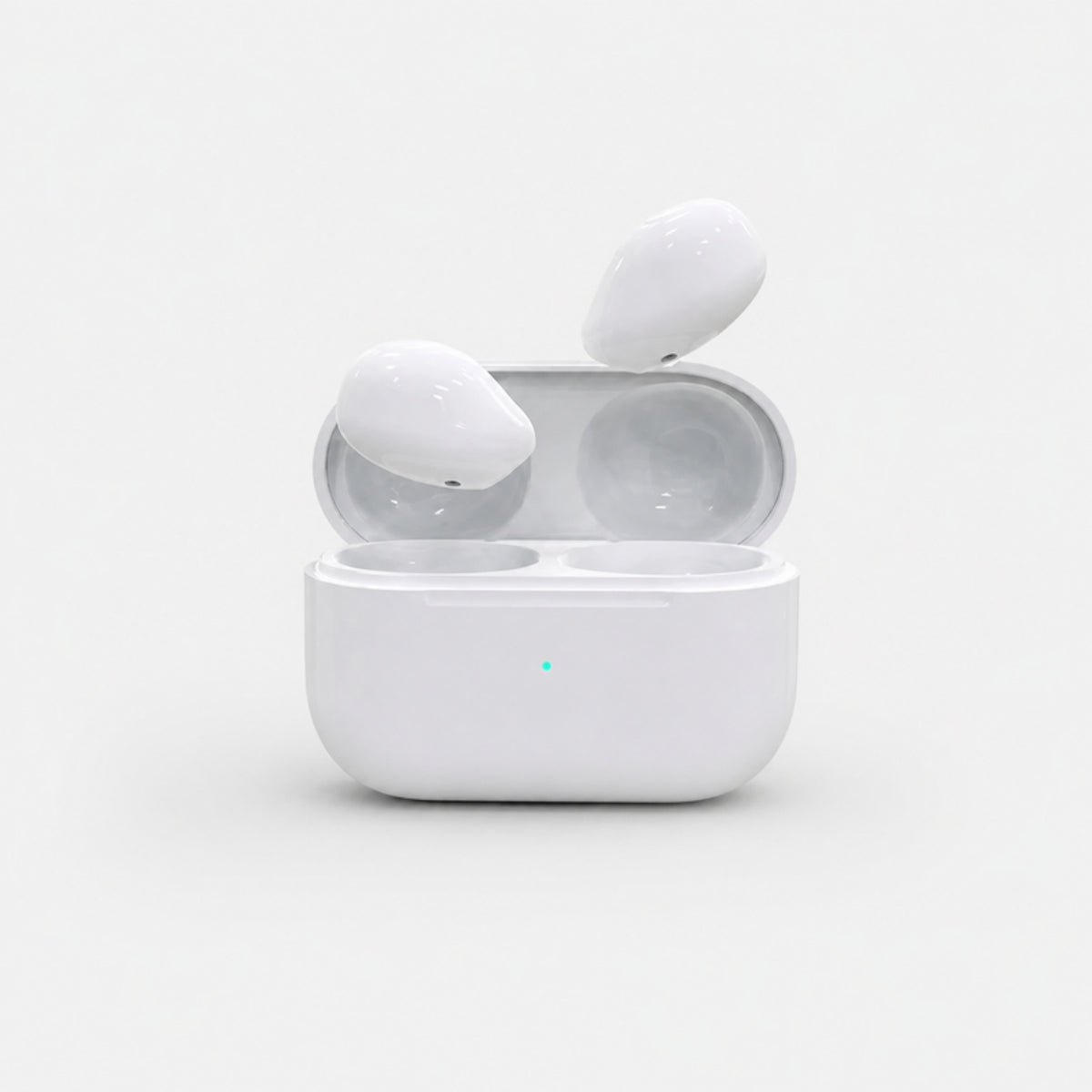 White mini sleep earbuds with open charging case on a light gray studio background