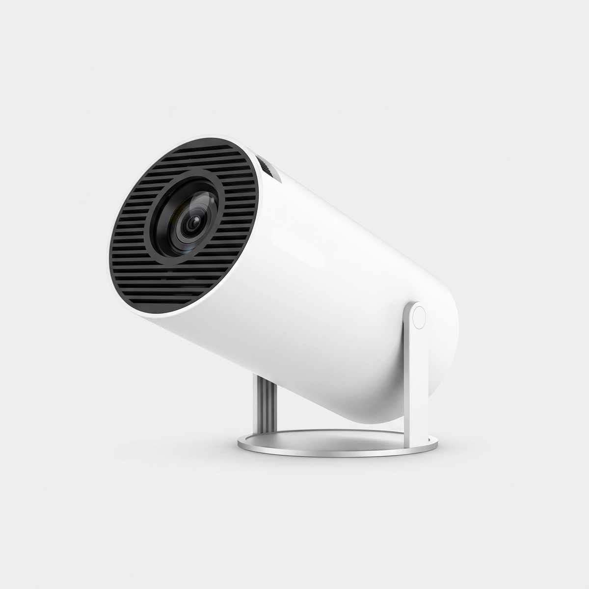 White mini smart projector with rotating stand on a light gray studio background