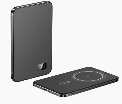 Black magnetic wireless power bank with magnetic charging ring