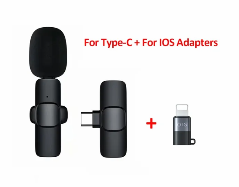 Wireless lavalier mic with USB-C receiver and iOS adapter