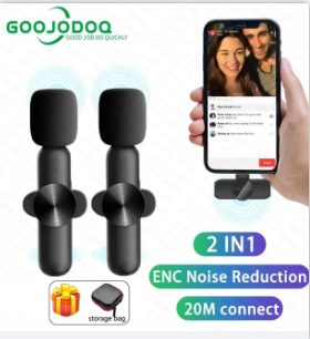 Two wireless lavalier mics recording a phone video with noise reduction