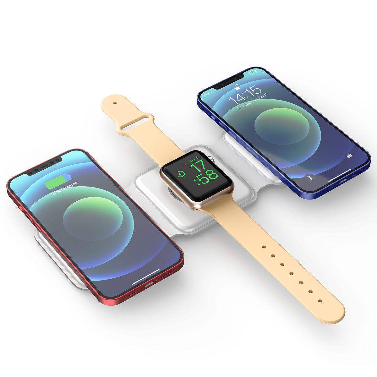 3-in-1 wireless charging station charging phone, watch and earbuds