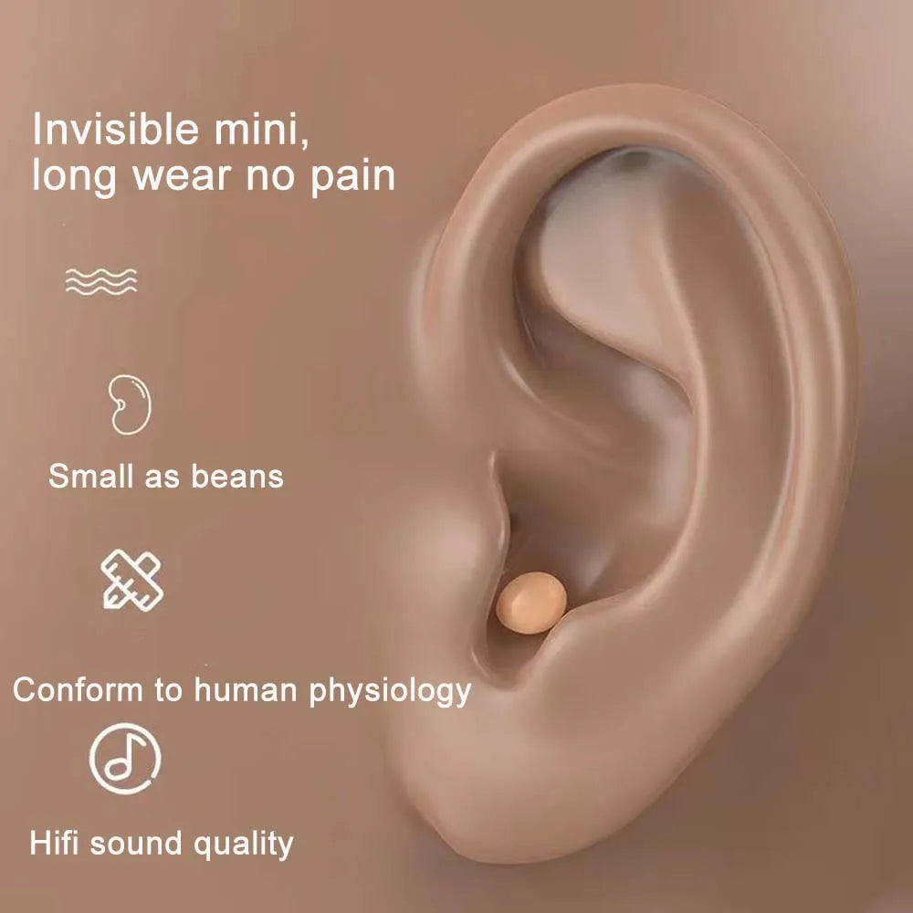 Mini wireless earbud shown in the ear