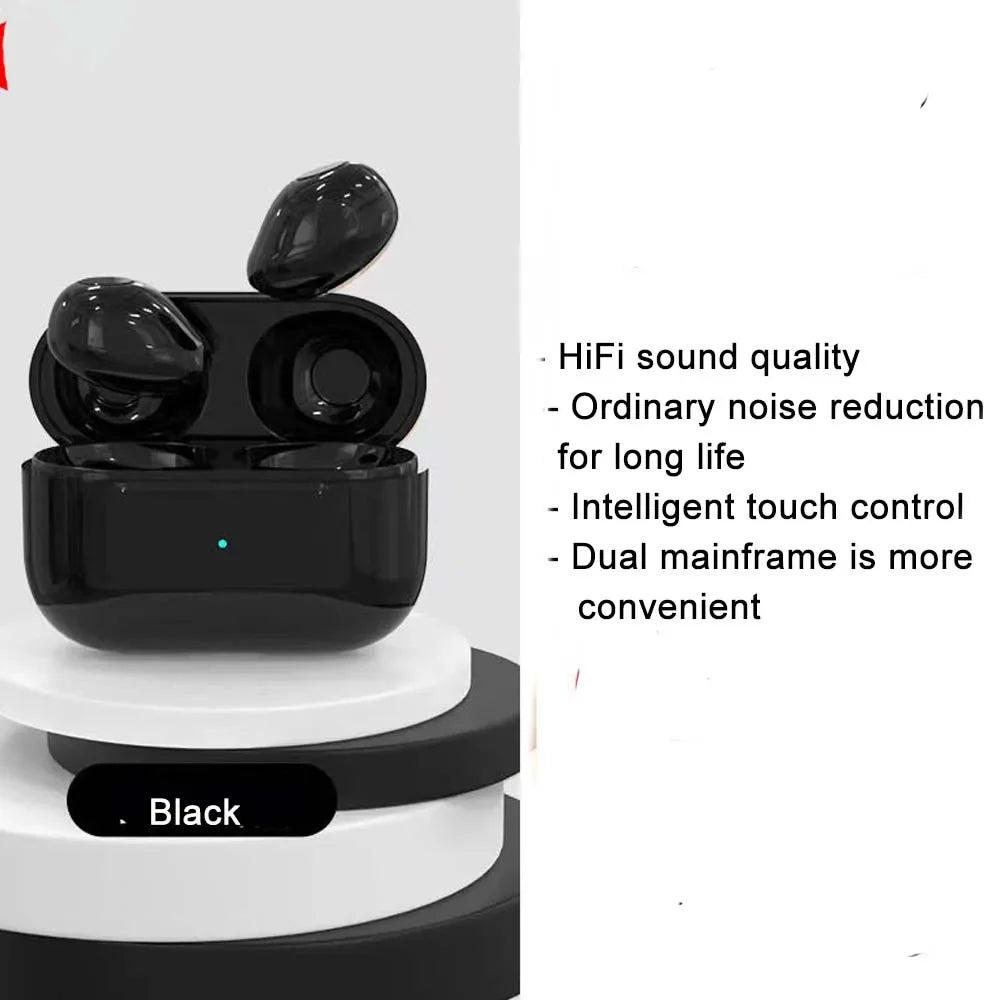 Mini wireless earbuds in a black charging case