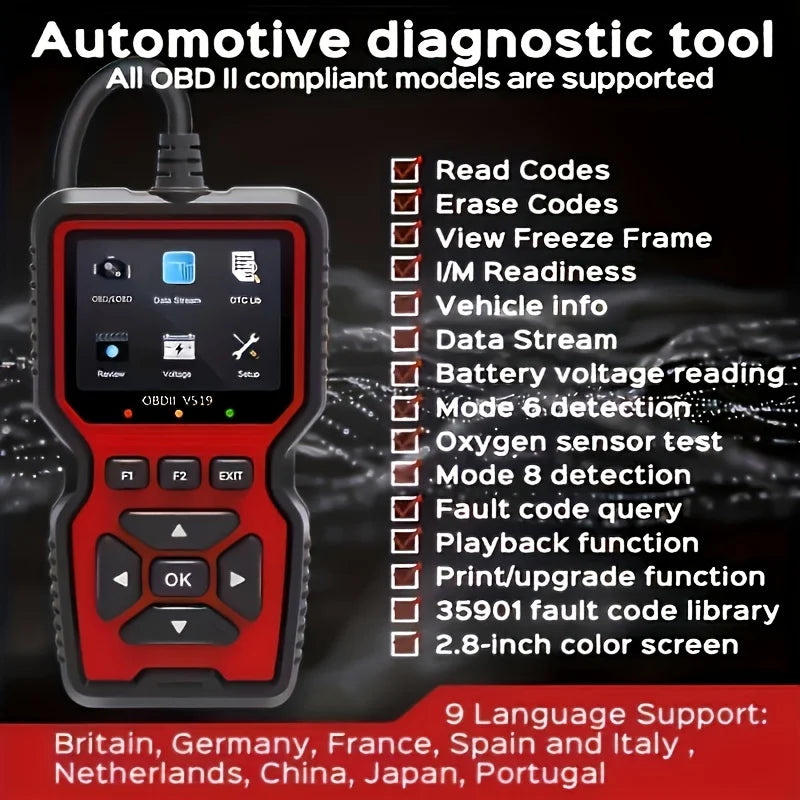 OBD2 scanner with feature checklist