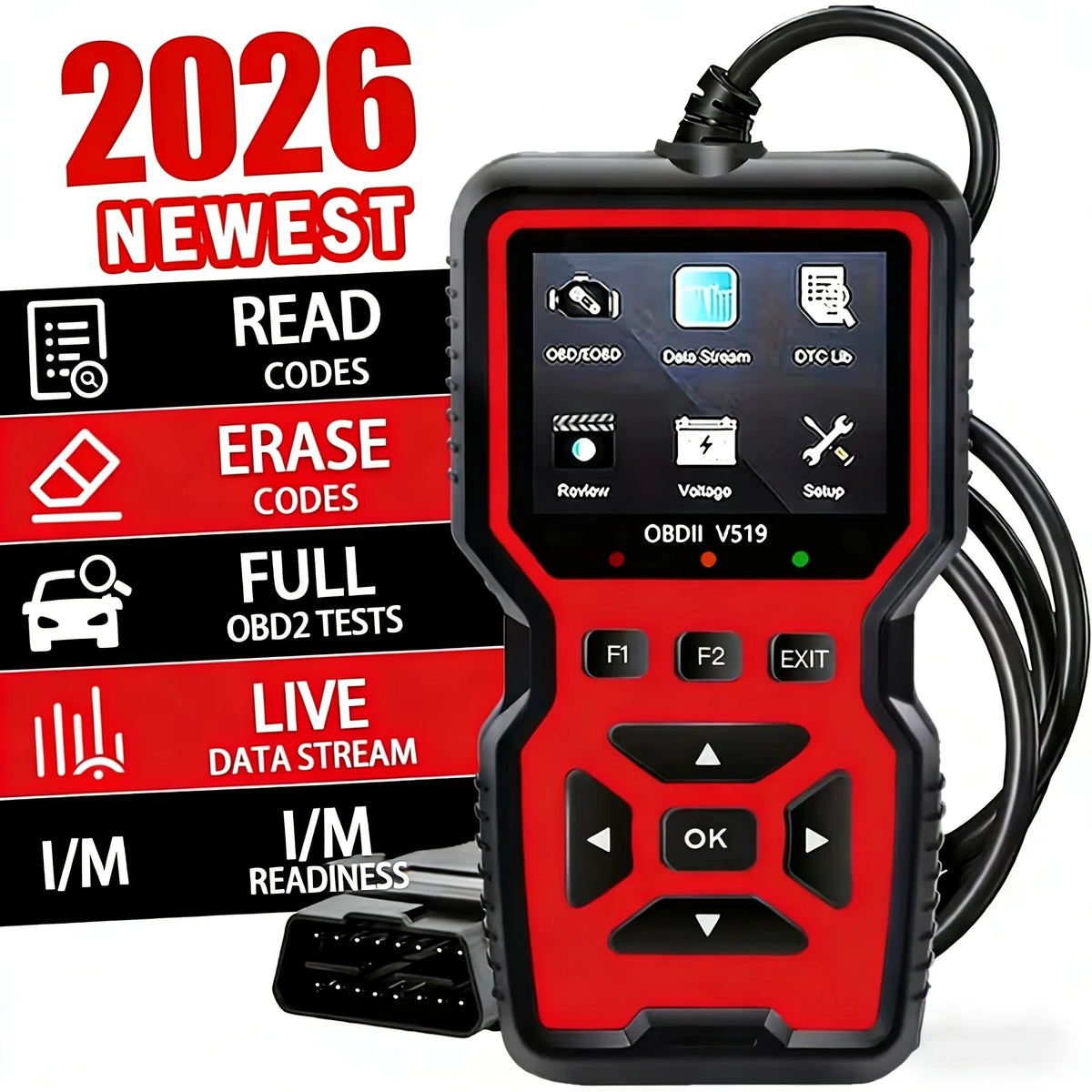 Red OBD2 scanner with 2.8-inch color screen