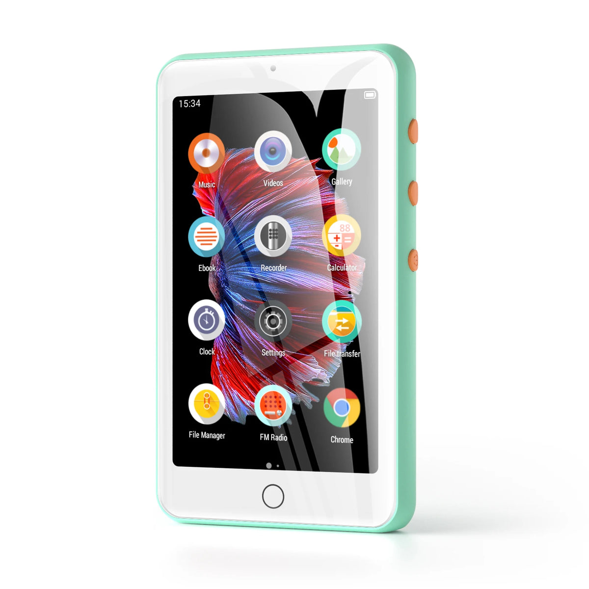 Mint green touchscreen MP3 player showing its home screen