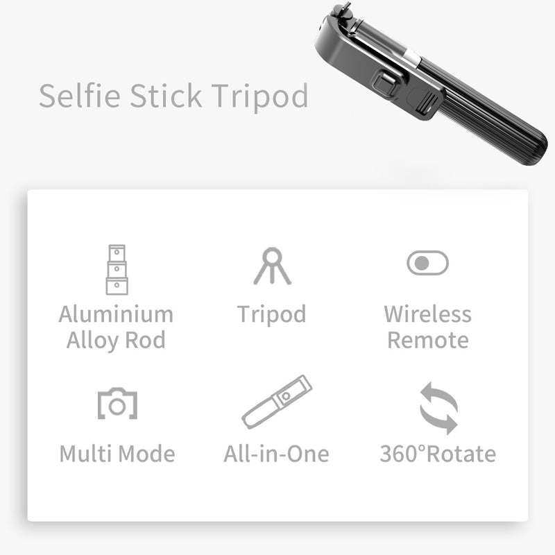 Selfie stick tripod features: aluminum rod, tripod, wireless remote, 360 rotation