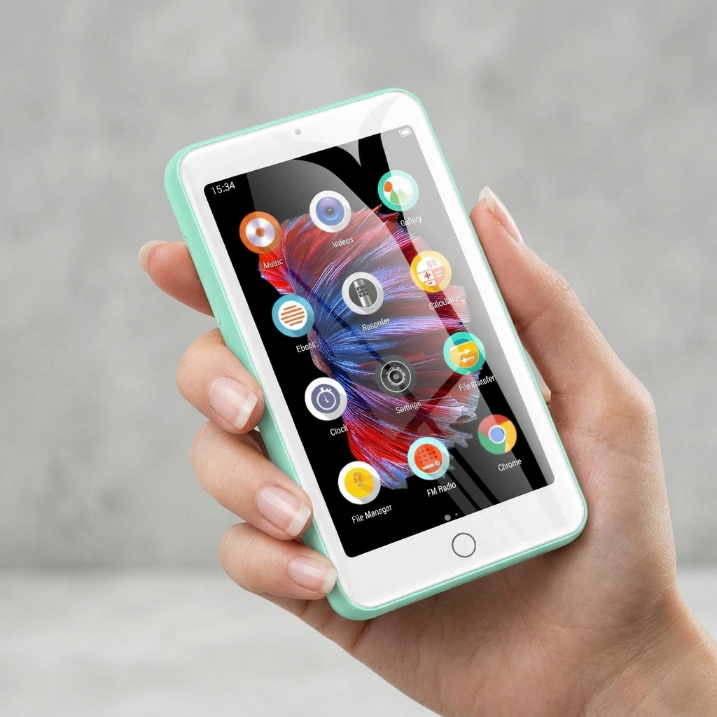 Hand holding a mint green touchscreen MP3 player to show its pocket size