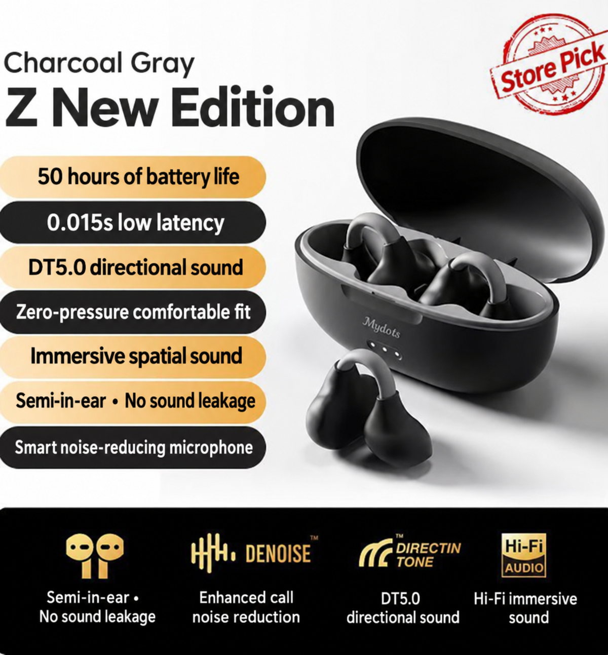 Dark gray open-ear wireless earbuds and features