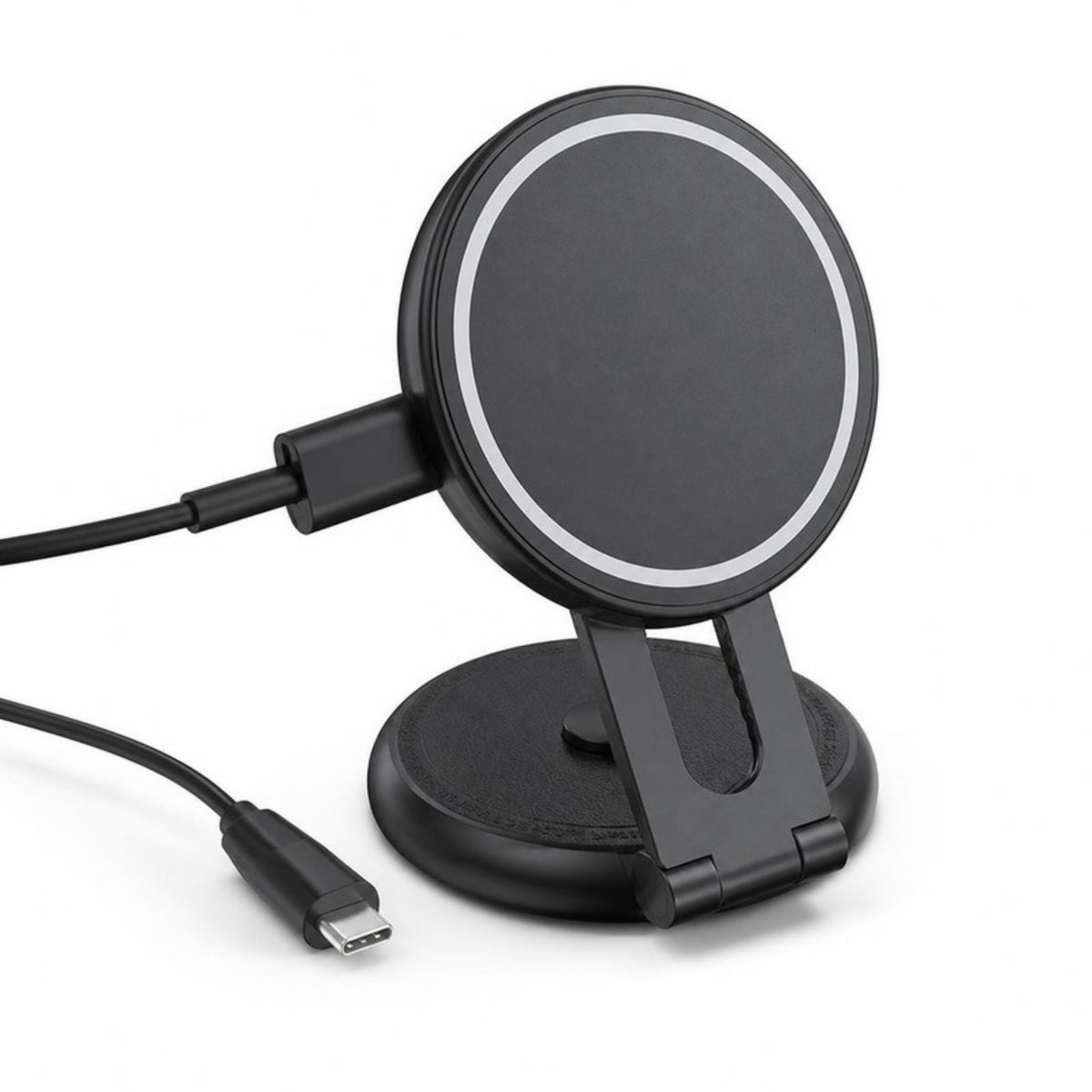 Black magnetic wireless car charger mount with folding stand, suction base and USB-C cable