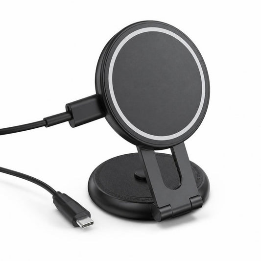 Black magnetic wireless car charger mount with folding stand, suction base and USB-C cable