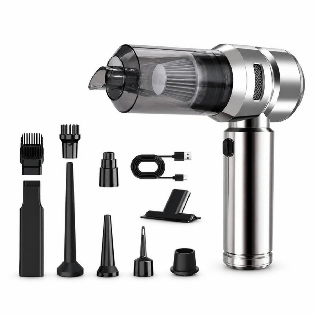 Silver cordless handheld car vacuum with nozzles, brushes and USB-C cable