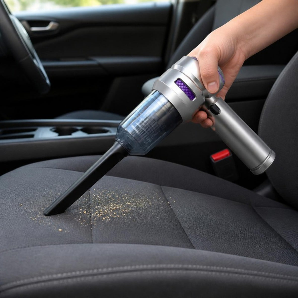 Cordless handheld vacuum cleaning crumbs from a car seat