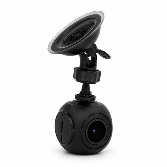 Black mini dash cam with suction-cup windshield mount