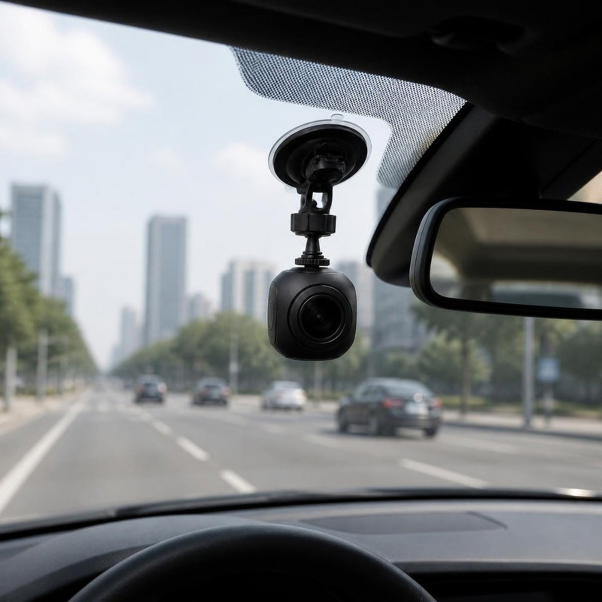 Mini dash cam mounted on a car windshield facing the road