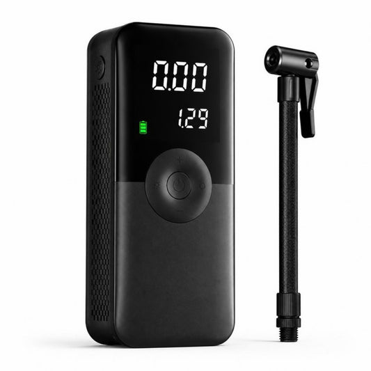Black cordless tire inflator with digital display and air hose