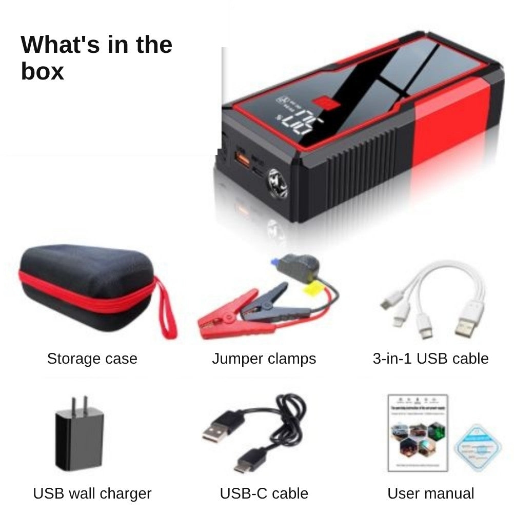 Car jump starter kit: storage case, jumper clamps, 3-in-1 USB cable, wall charger, USB-C cable and manual