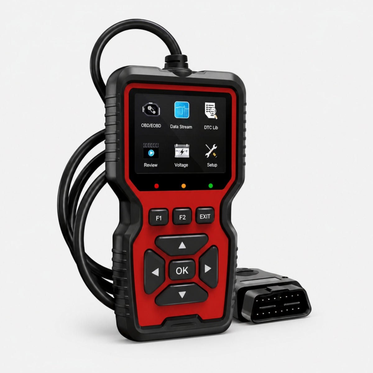 Red and black OBD2 scanner code reader with color screen and OBD2 cable on a light gray studio background