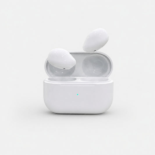 White mini sleep earbuds with open charging case on a light gray studio background
