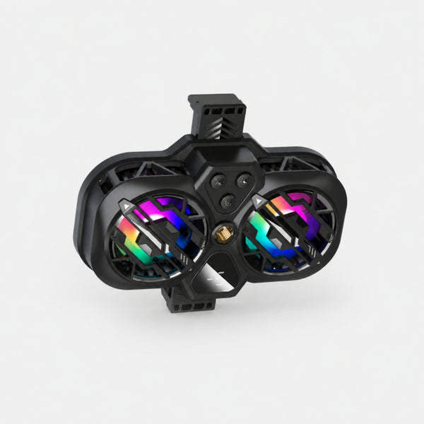 Black dual-fan phone cooler with RGB lit fans and clip on a light gray studio background