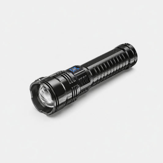 Black rechargeable LED tactical flashlight with zoom head and mini display on a light gray studio background