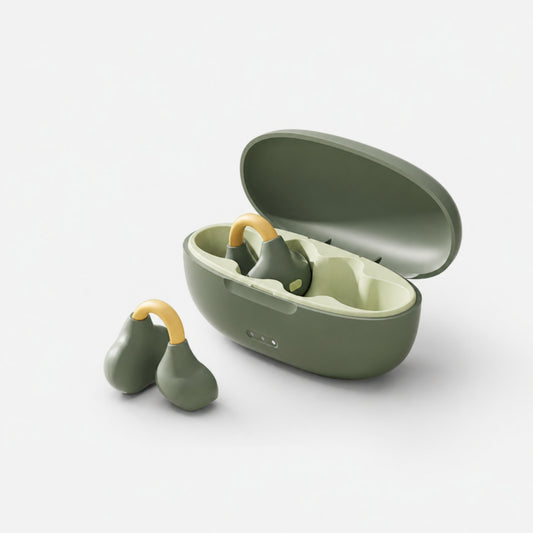 Olive green open-ear clip-on wireless earbuds with charging case on a light gray studio background