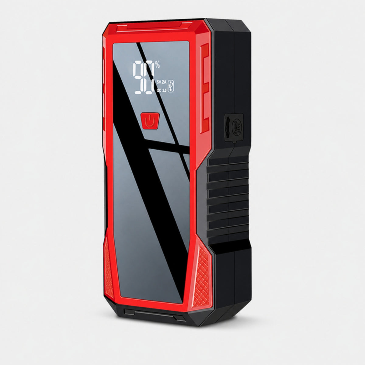 Red and black portable car jump starter with digital battery display on a light gray studio background
