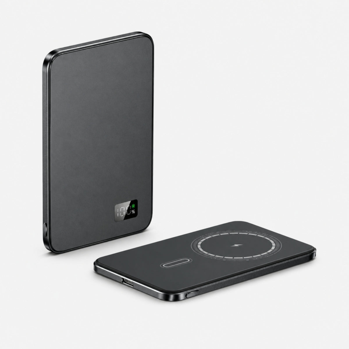 Black magnetic wireless power bank with digital battery display on a light gray studio background