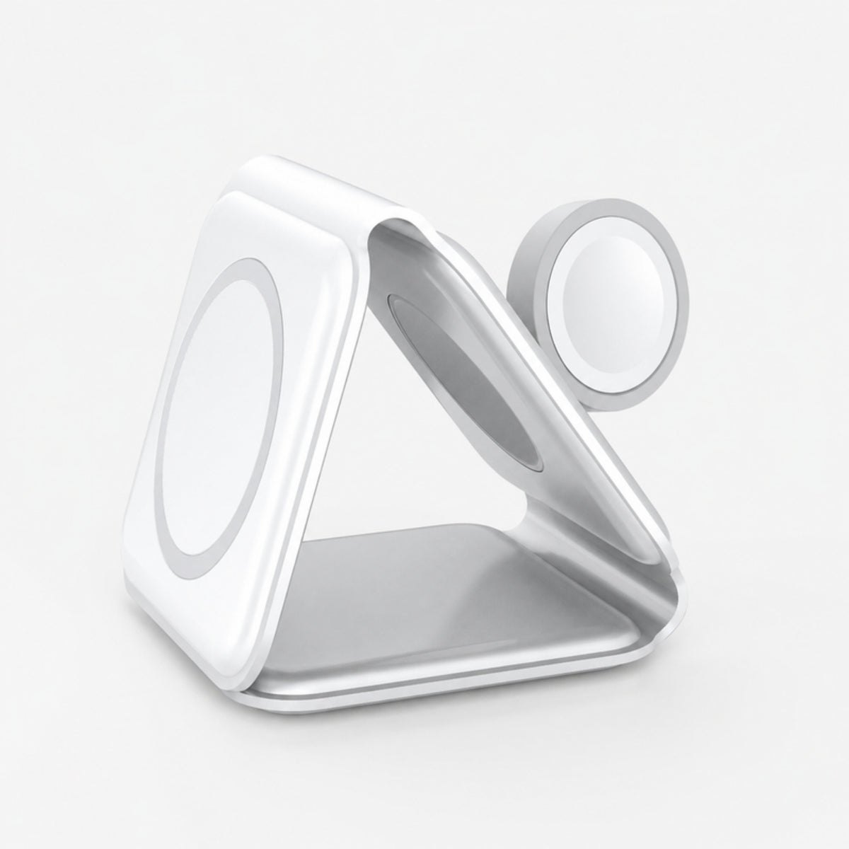 White 3-in-1 foldable wireless charging station with watch charger on a light gray studio background