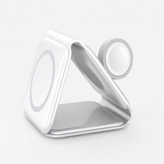 White 3-in-1 foldable wireless charging station with watch charger on a light gray studio background