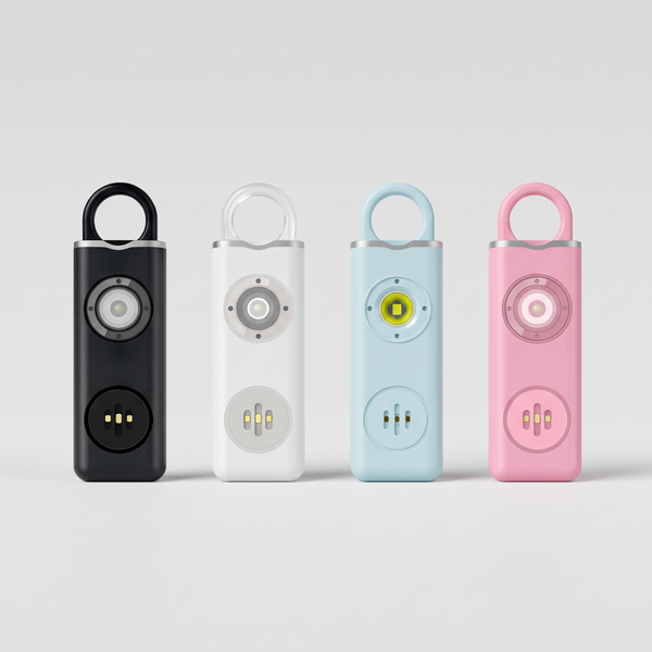 Personal safety alarm keychains in black, white, light blue and pink on a light gray studio background