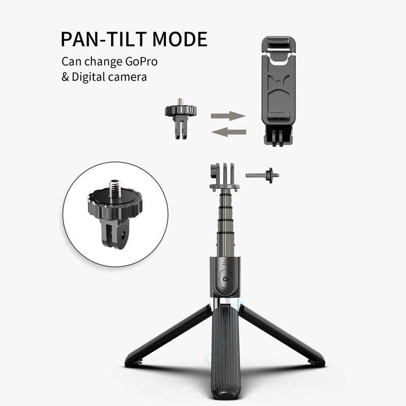 Selfie stick tripod with action camera mount adapter