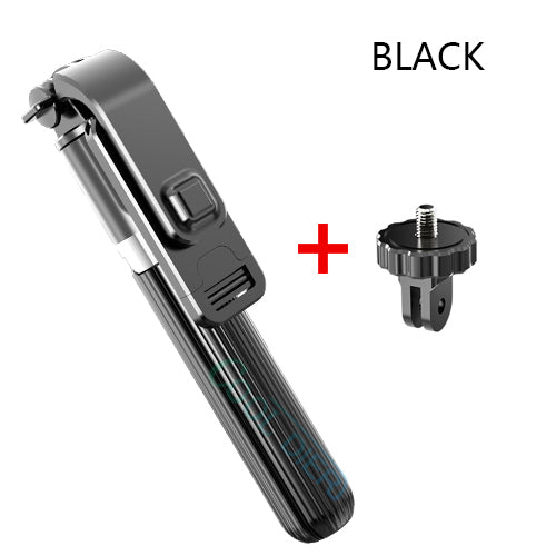 Black selfie stick tripod with action camera adapter