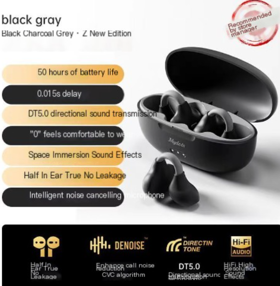 Dark gray open-ear clip-on wireless earbuds with case