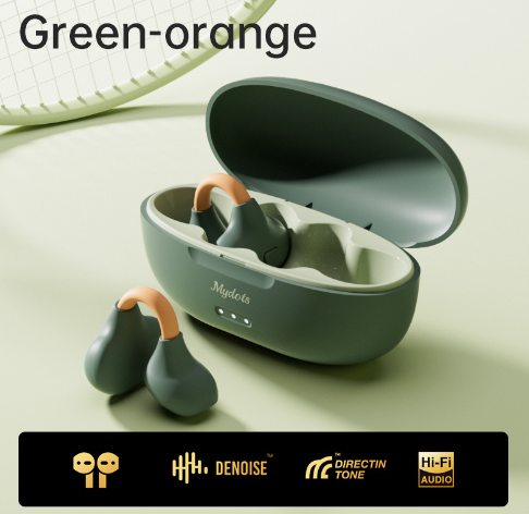 Green and orange open-ear earbuds charging case