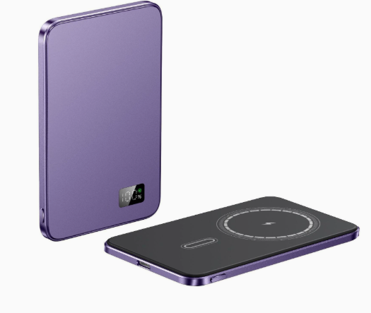 Purple magnetic power bank with digital battery percentage display