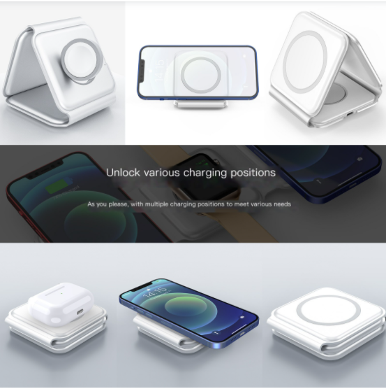 3-in-1 charging station shown in different charging positions