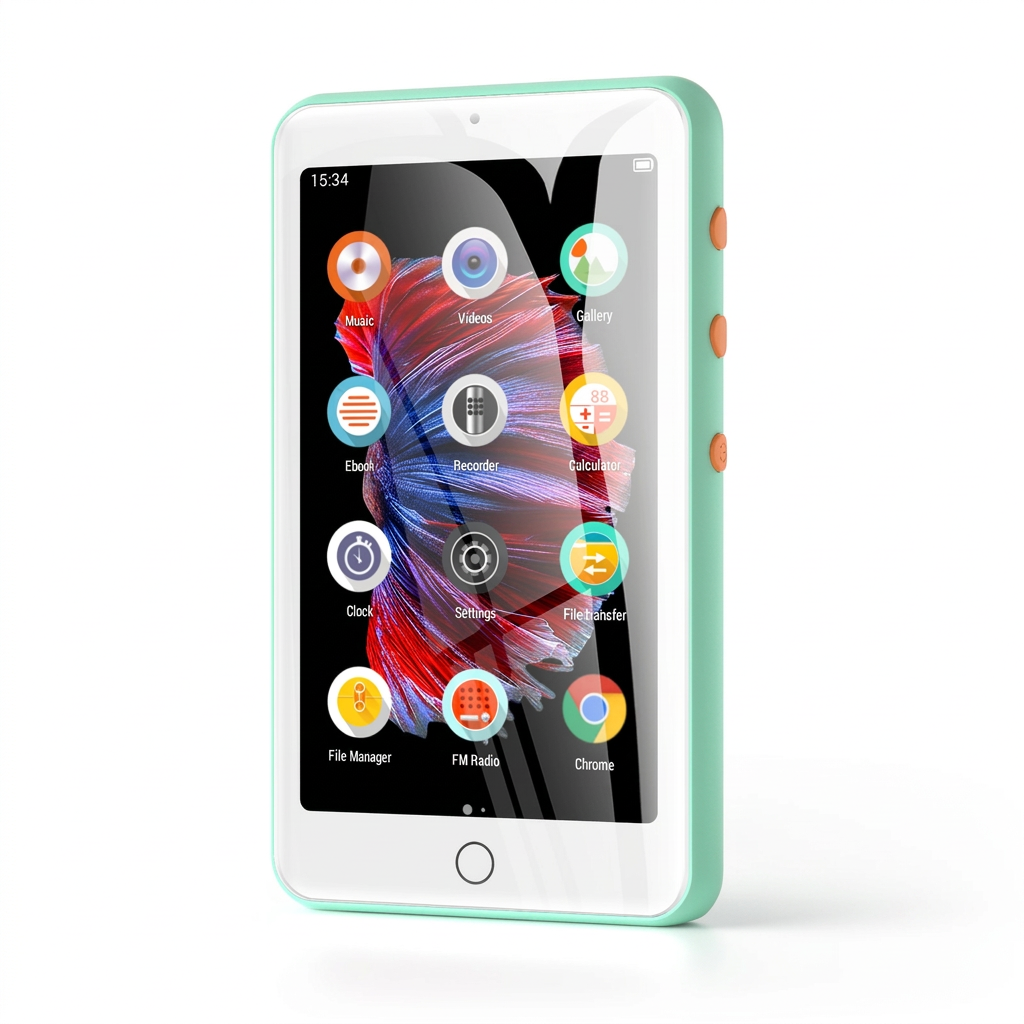 Mint green touchscreen MP3 player at a three-quarter angle on a white background