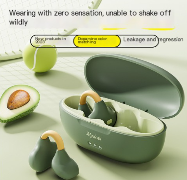 Green and orange open-ear clip-on earbuds in charging case