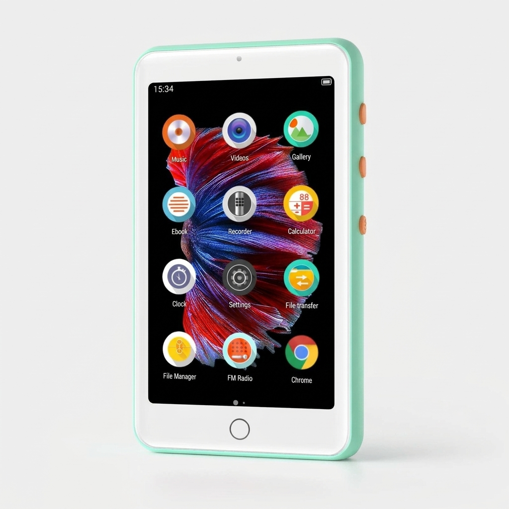 Mint green touchscreen MP3 player on a light gray studio background