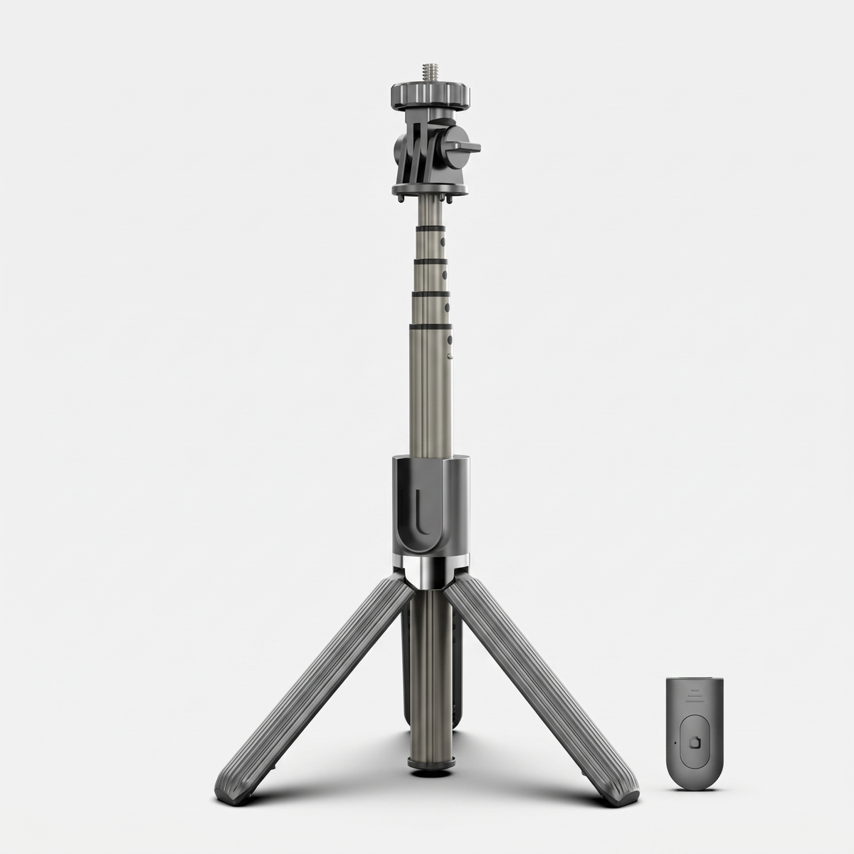 Selfie stick tripod with pan-tilt head and wireless remote on a light gray studio background