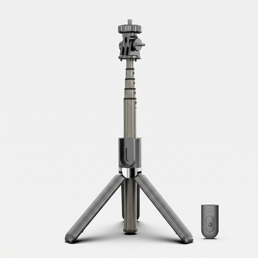Selfie stick tripod with pan-tilt head and wireless remote on a light gray studio background
