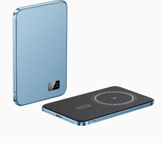 Blue magnetic wireless power bank front and back