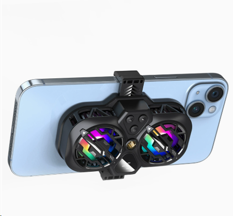 Dual-fan phone cooler with RGB lighting clipped to the back of a phone