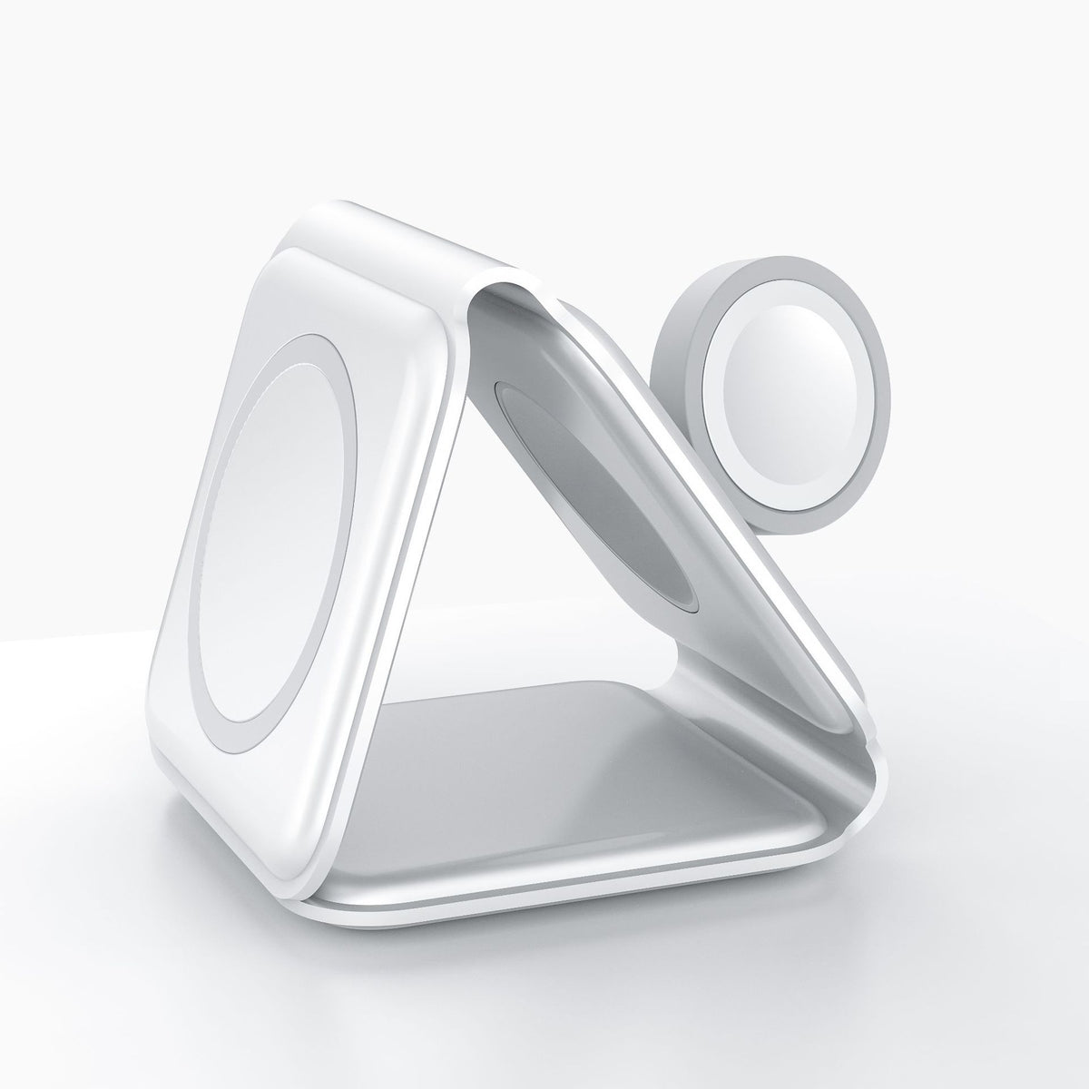 White 3-in-1 wireless charging station folded into a stand