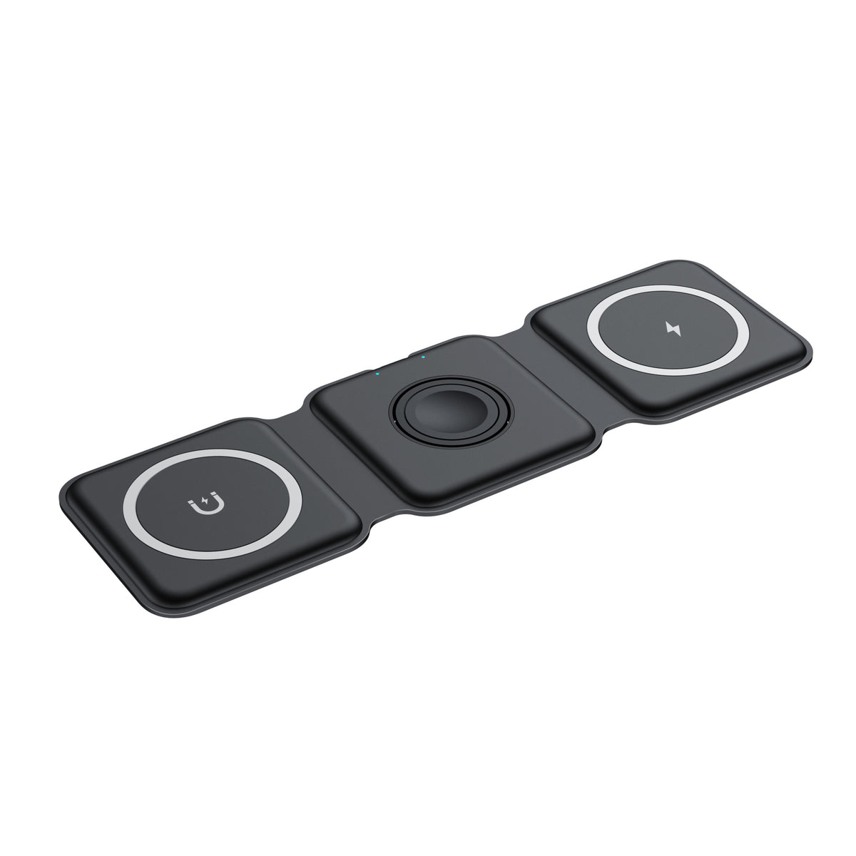 Black foldable 3-in-1 wireless charger laid flat