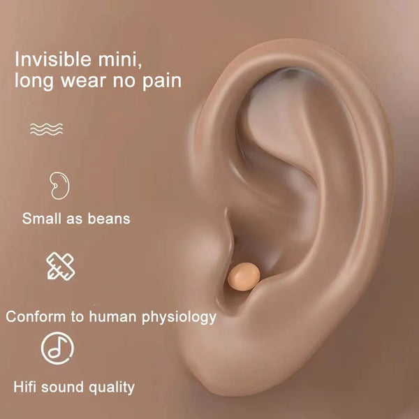 Mini wireless earbud shown in the ear
